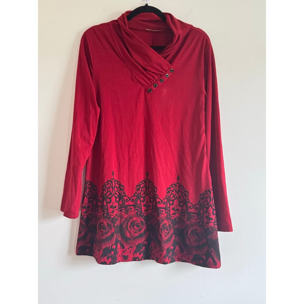 Gaharu Red Long Sleeve Tunic Top Size L Gothic Rose Scroll Print Witchy Grunge